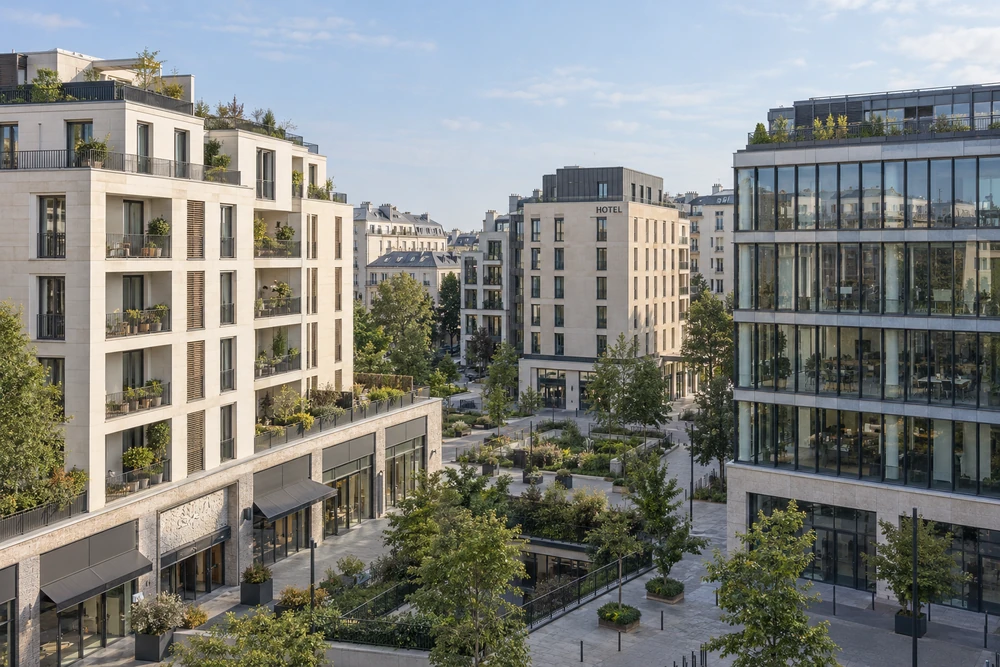 Ensemble immobilier diversifié : résidentiel, bureaux, hôtel et commerces